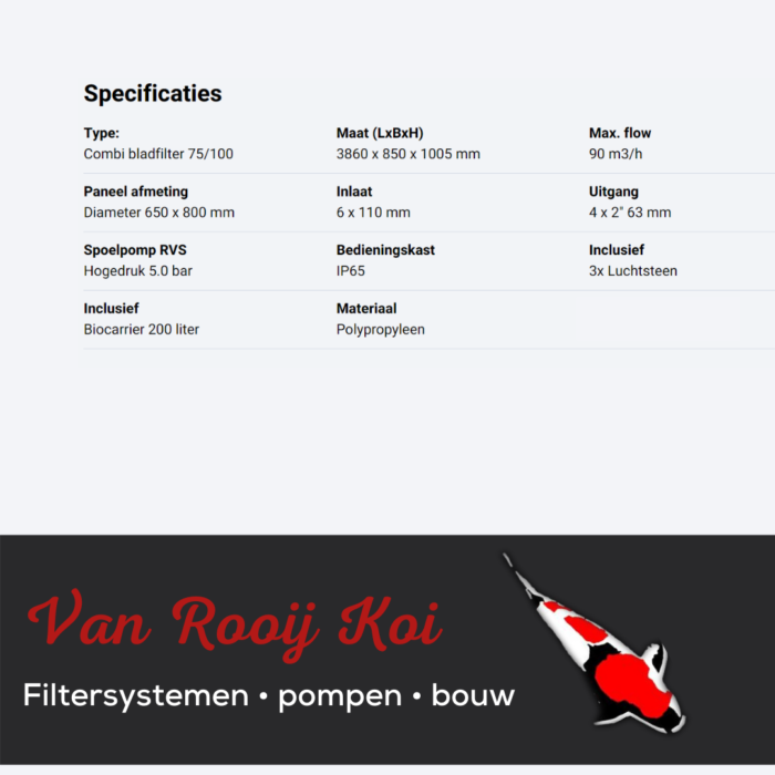 Specificatie -Brabant Koi filtersystemen - Combi-Bladfilter 75-100