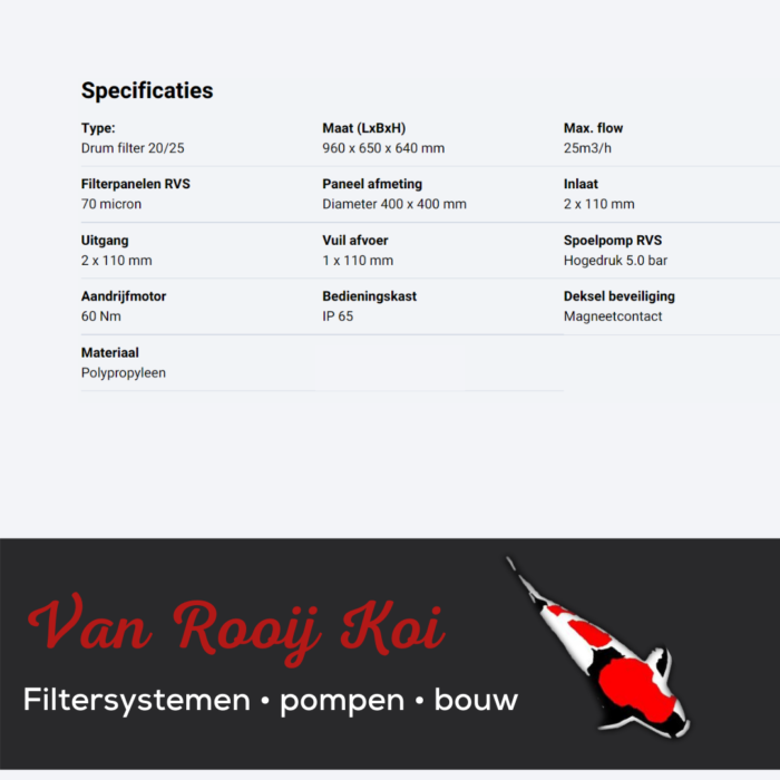 Specificatie Brabant Koi filtersystemen - Drumfilter 20-25