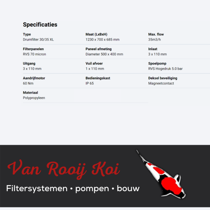 Specificatie Brabant Koi filtersystemen - Drumfilter 30-35 xl